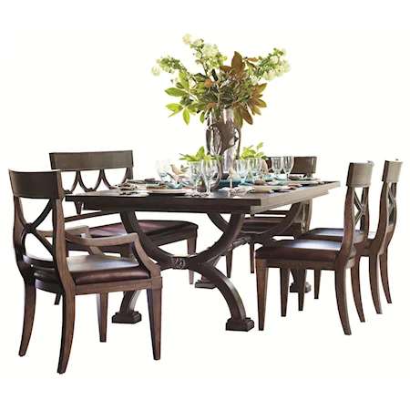 Trestle Dining Table with Chairs and Bench with Elegant Dark Wood Finish